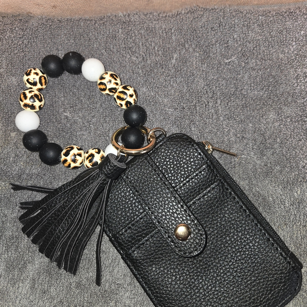 Black Textured Wristlet with Beaded Keychain